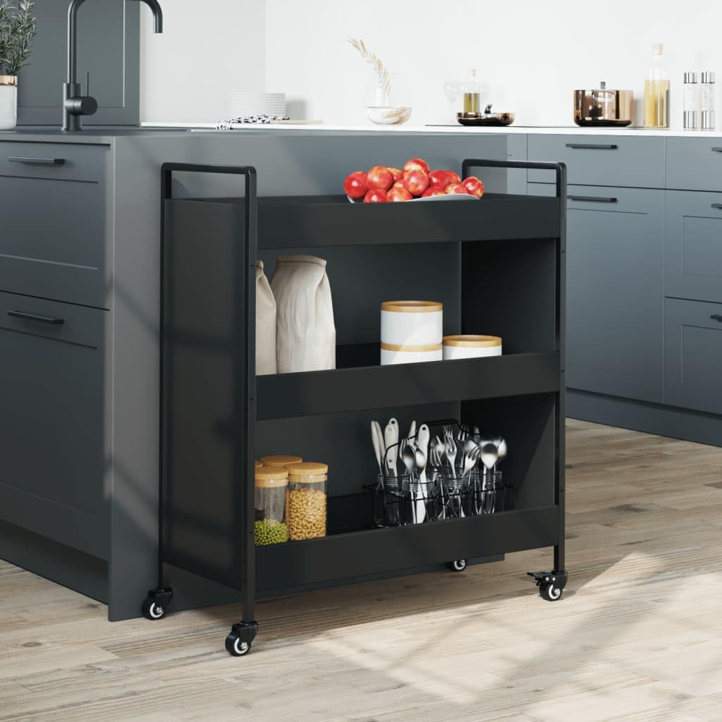 vidaXL Black Kitchen Trolley - Engineered Wood, Steel Frame, 27.6"x11.8"x32.3", Vegetable Storage Cart with Wheels & Brakes, Versatile Organizer