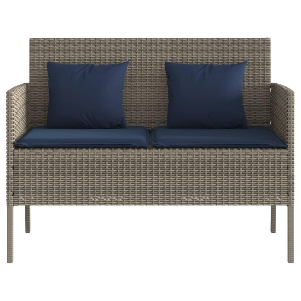 vidaXL Outdoor Patio Bench with Storage and Cushions - Gray Poly Rattan, Powder-Coated Steel Frame, Navy Blue Polyester Cover