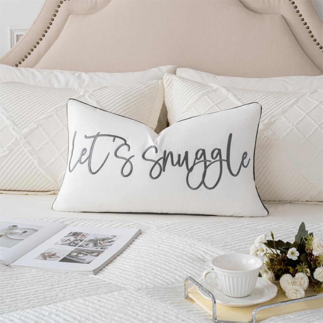 Sunkifover Decorative Lumbar Pillow Covers 12X20 Inches, Soft Solid Rectangular Embroidered Rectangle Pillow Case With Let'S Snu