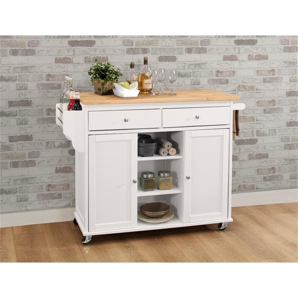 Acme Tullarick 2-Drawer Wooden Mobile Kitchen Island in Natural and White