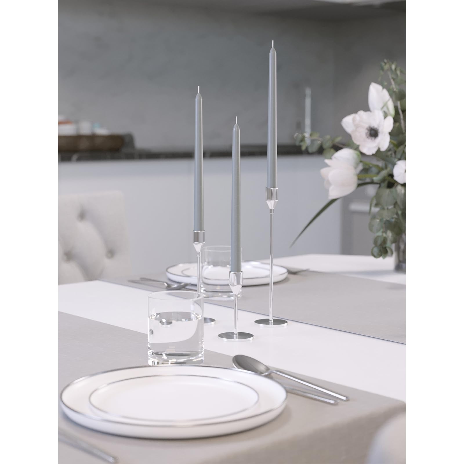 Candwax 12 Inch Taper Candles Set Of 12 - Dripless And Smokeless Candle Unscented - Slow Burning Candle Sticks - Light Gray Cand