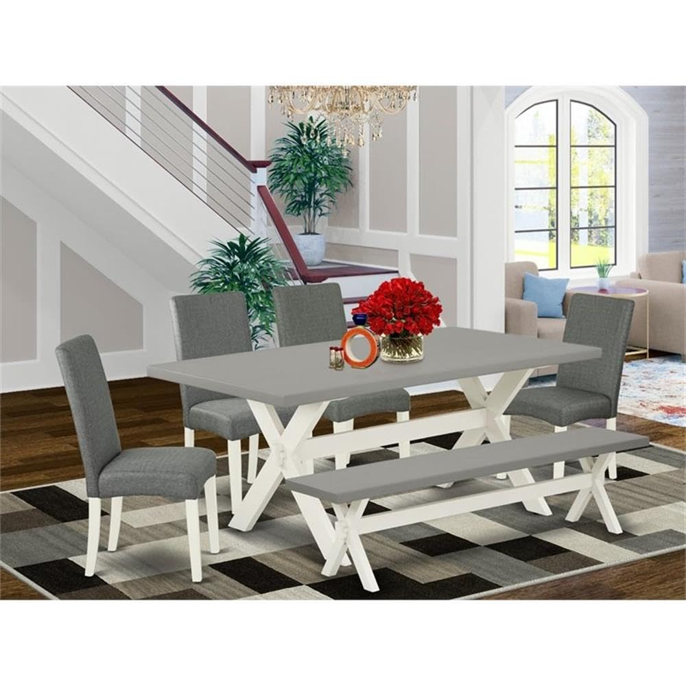 East West Furniture X097Dr207-6 6 Piece Kitchen Table Set Contains A Rectangle Dining Table With X-Legs And 4 Gray Linen Fabric Parson Chairs With A Bench, 40X72 Inch, Multi-Color