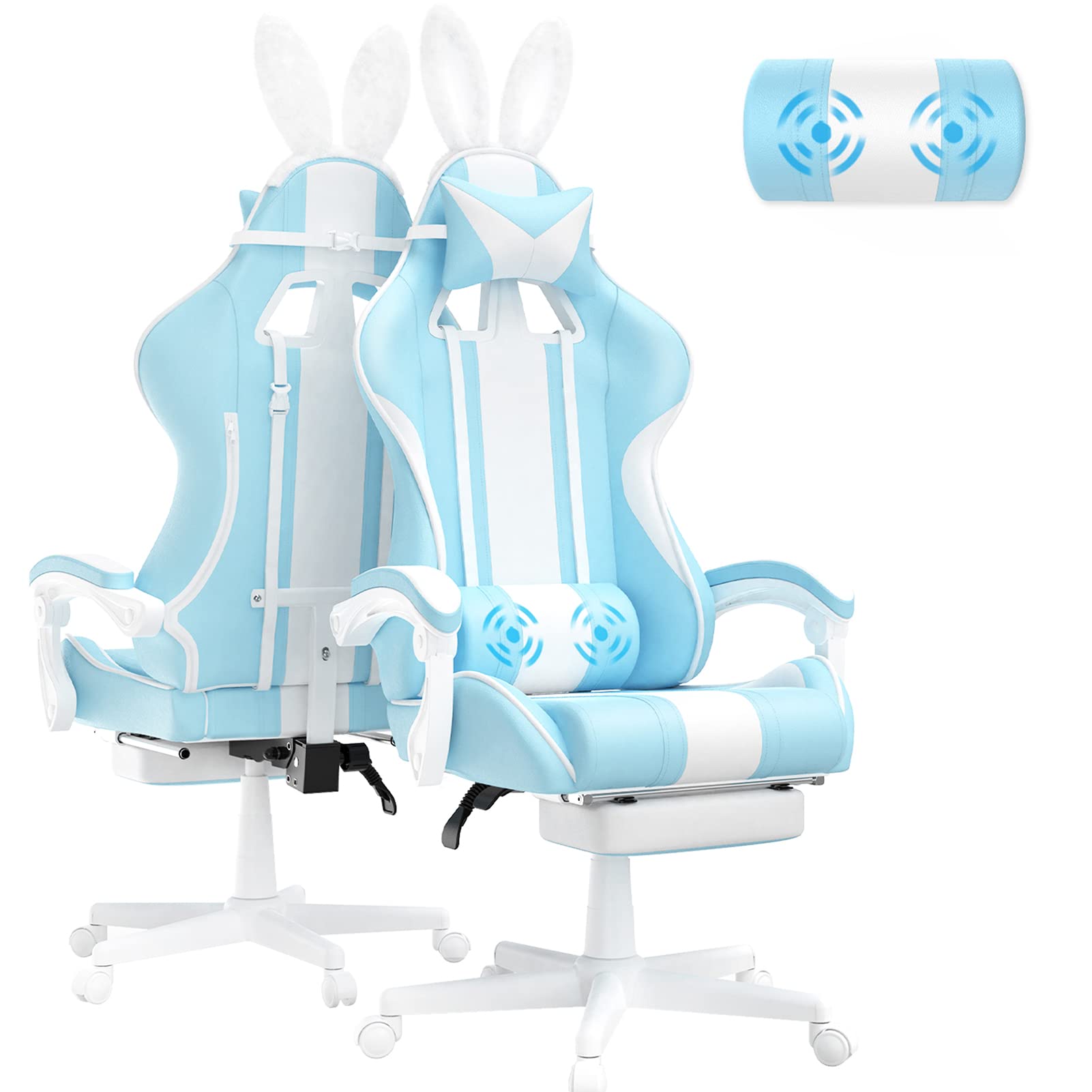 Ferghana Kawaii Light Blue Gaming Chair With Bunny Ears, Ergonomic Cute Gamer Chair With Footrest And Massage, Racing Reclining Leather Computer Game Chair 250Lbs For Girls Adults Teens Kids