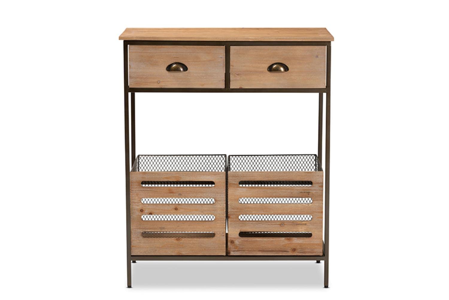 Baxton Studio Abram Modern Farmhouse Industrial Oak Brown Finished Wood and Black Metal 2-Drawer Multipurpose Kitchen Storage Cabinet