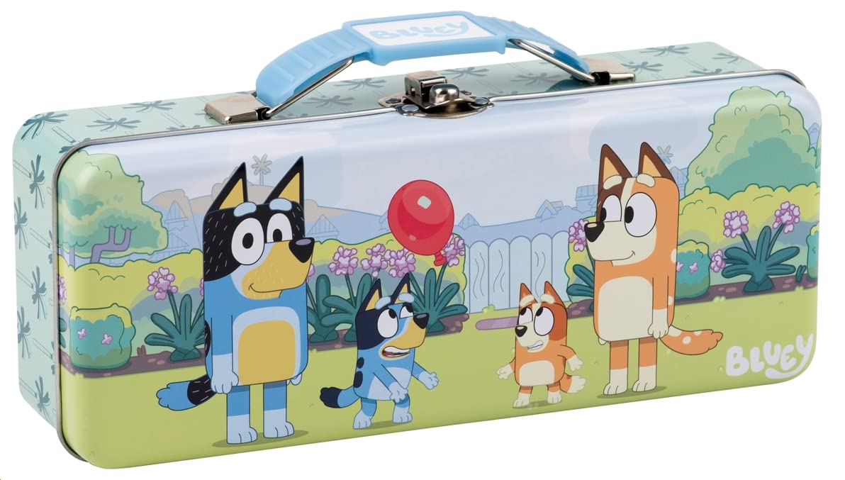 The Tin Box Company Bluey Pencil Box With Handle Clasp & Hinge, Model: 479407-12, Pencil Box With Handle, 8-3/8 X 3-3/8 X 2-1/4'