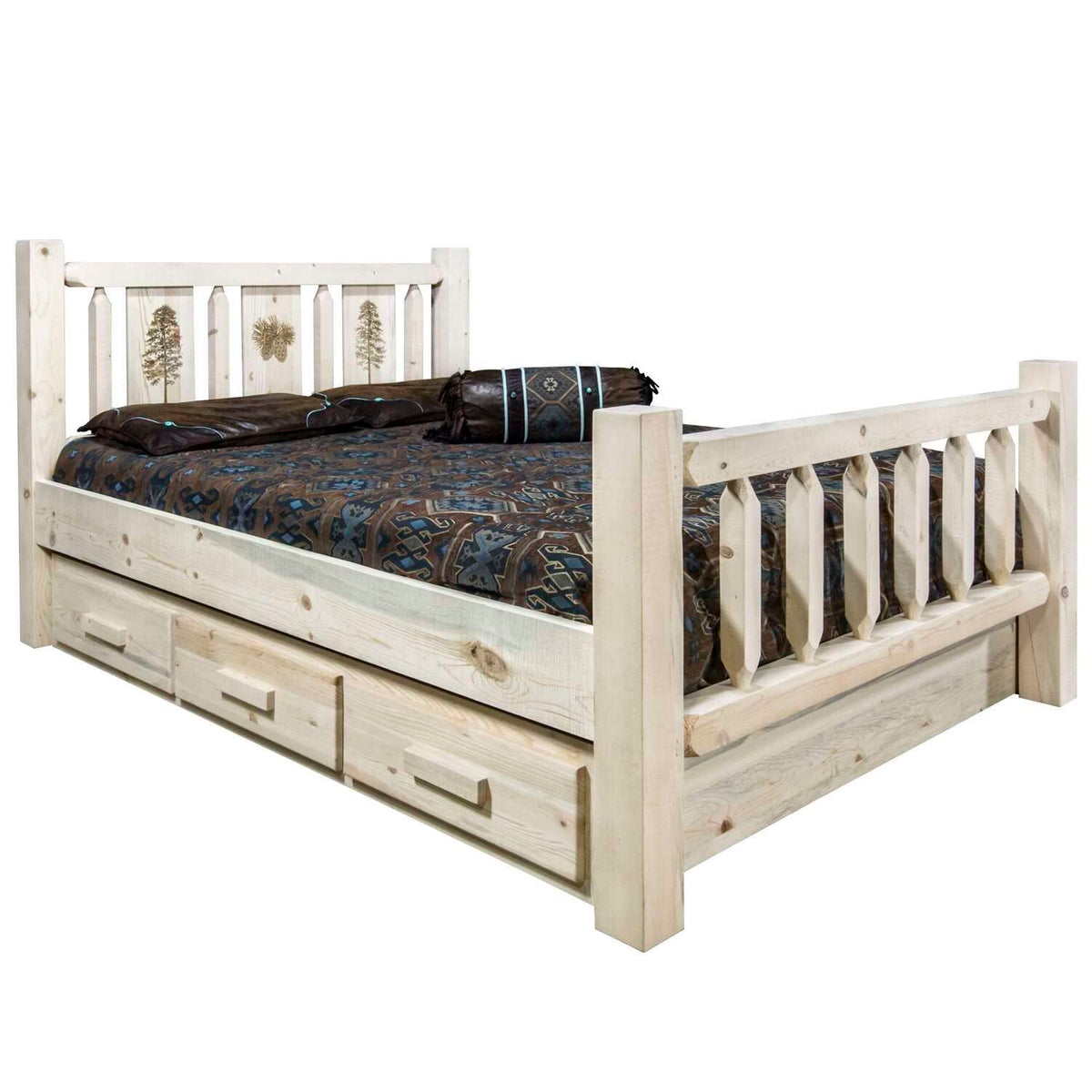 Montana Woodworks Pine Design Engraved Storage Bed (Cal King:98 in. L x 76 in. W x 47 in. H (340 lbs.))