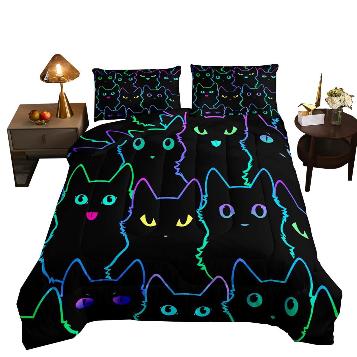 Erosebridal Full Size Bedding Set for Girls Cartoon Cat Comforter Set,Gradient Line Cute Cat Bed Sets for Kids Boys Girls Women 