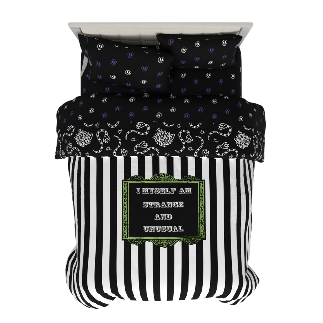 Franco Collectibles Beetlejuice Halloween Striped Comforter and Sheet Set, Full, Microfiber, Black & White