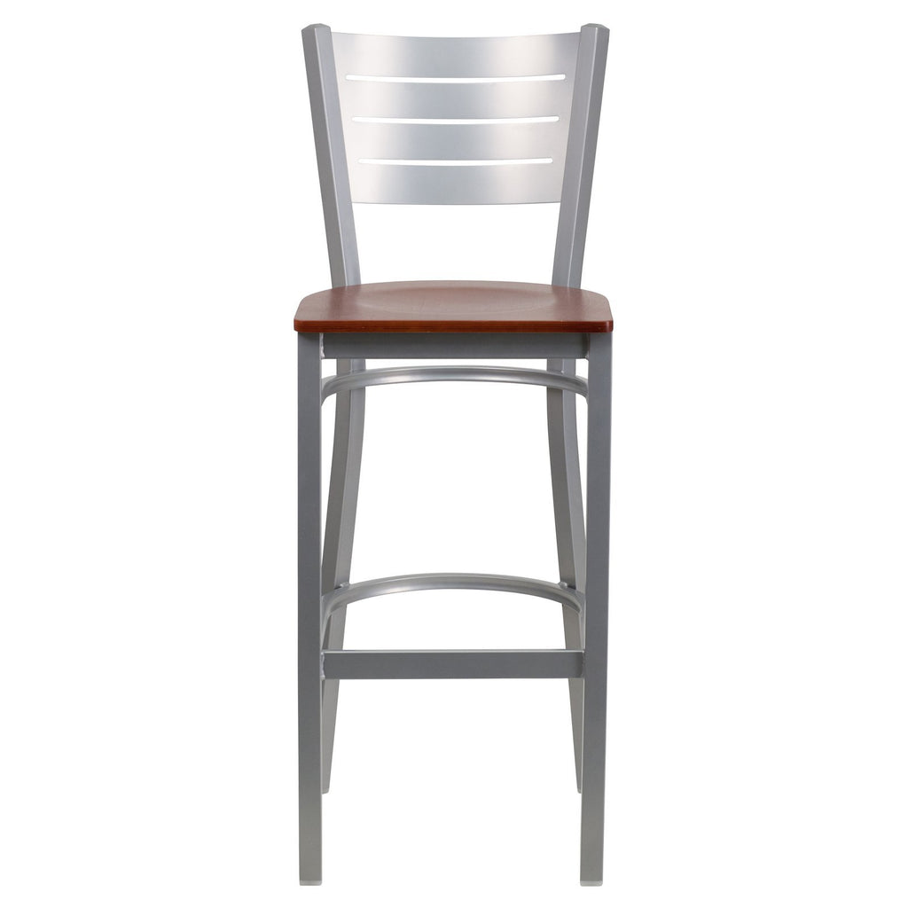 Flash Furniture HERCULES Series Silver Slat Back Metal Restaurant Barstool - Mahogany Wood Seat