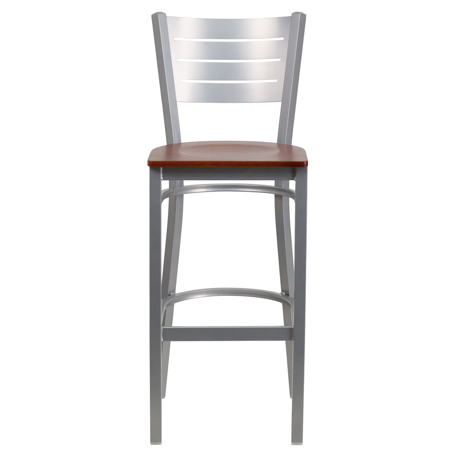Flash Furniture HERCULES Series Silver Slat Back Metal Restaurant Barstool - Mahogany Wood Seat