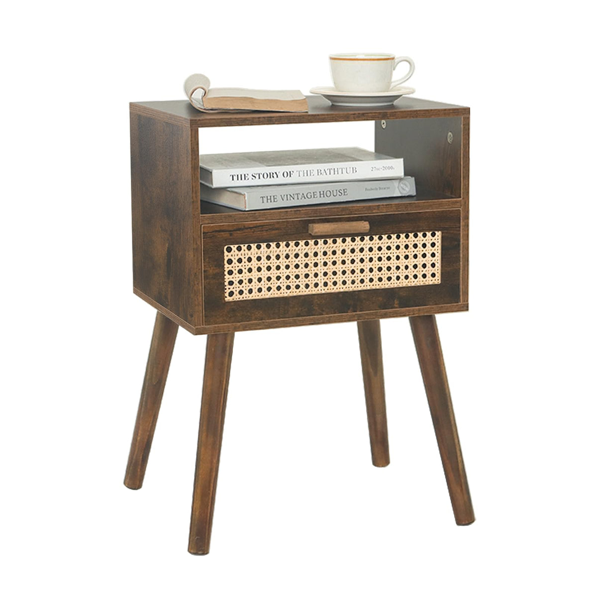 Maxsmeo Mid Century Nightstand, Rattan Side Table With Drawer, Wood Modern Bedside Table For Bedroom, Living Room And Small Spaces (Rustic Brown)