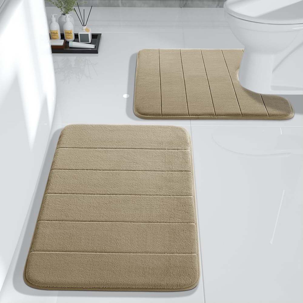 Yimobra Memory Foam Bath Mat Set, 2 Pieces Soft Bathroom Rugs,17x24 and 24x20.4 U-Shaped for Bathroom Rugs, Toilet Mats, Water A