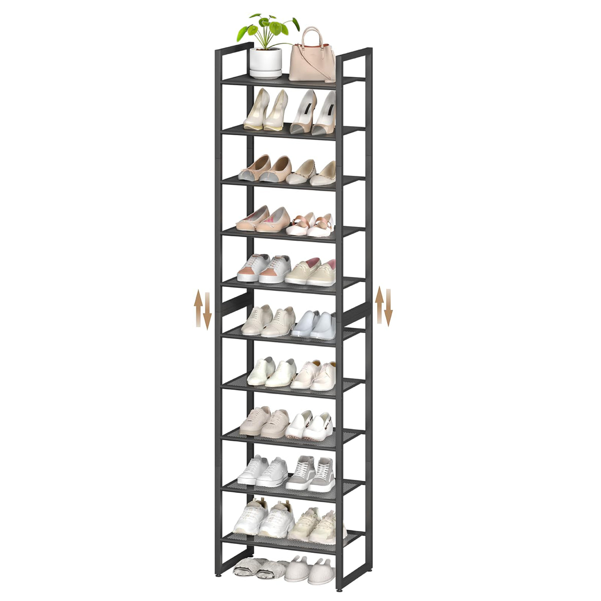 TIFFLOI 10Tier Narrow Shoe Rack, Black Metal Shoe Organizer with Dense Mesh Shelves for Entryway, Closet, Bedroom, Garage Small