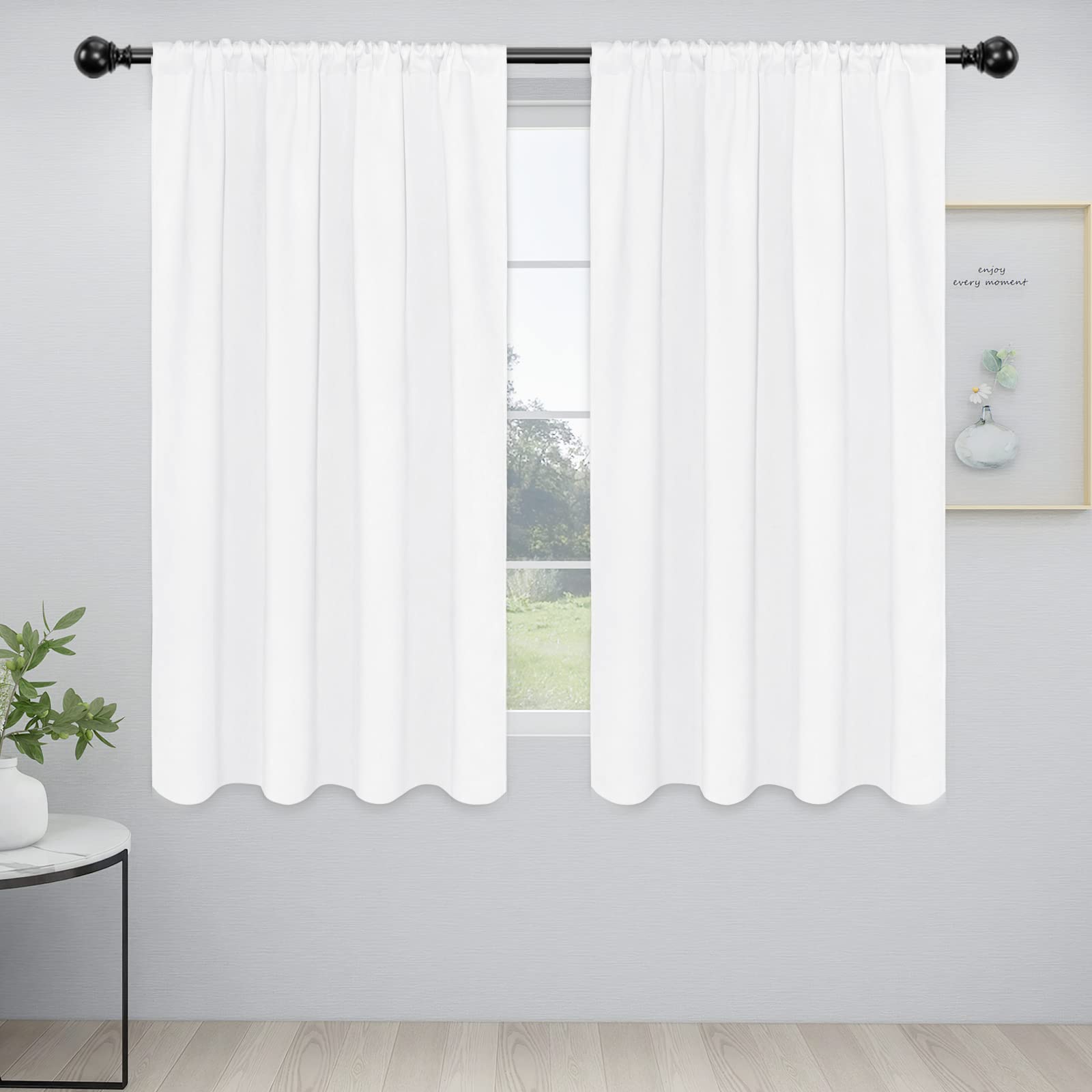 Easy-Going Rod Pocket Blackout Curtains For Bedroom, Room Darkening Window Curtains For Living Room, Thermal Insulated Noise Reduction Solid Window Drapes, 2 Panels(52X63 In, White)