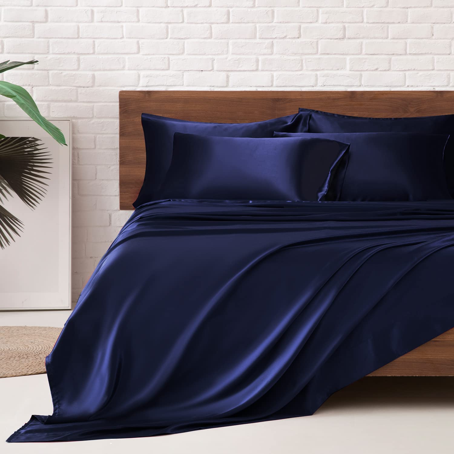Mr&Hm Satin Bed Sheets, Queen Size Sheets Set, 6 Pcs Silky Bedding Set With 15 Inches Deep Pocket For Mattress(Queen, Navy Blue)