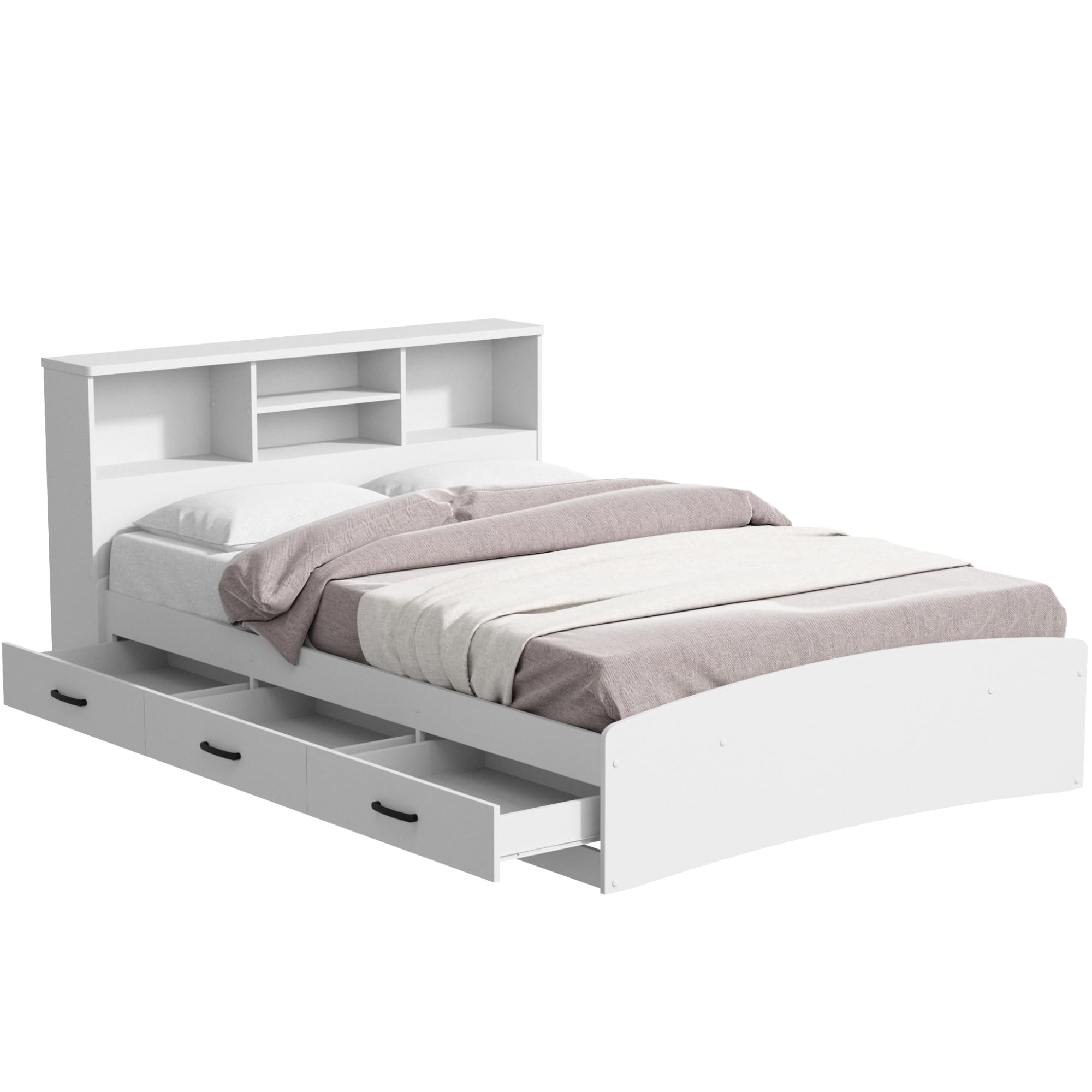 Bed with 3 Drawers and Bookcase Headboard (White, Queen)