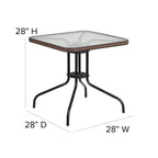 Flash Furniture Lila 28'' Square Glass Metal Table With Dark Brown Rattan Edging And 4 Dark Brown Rattan Stack Chairs