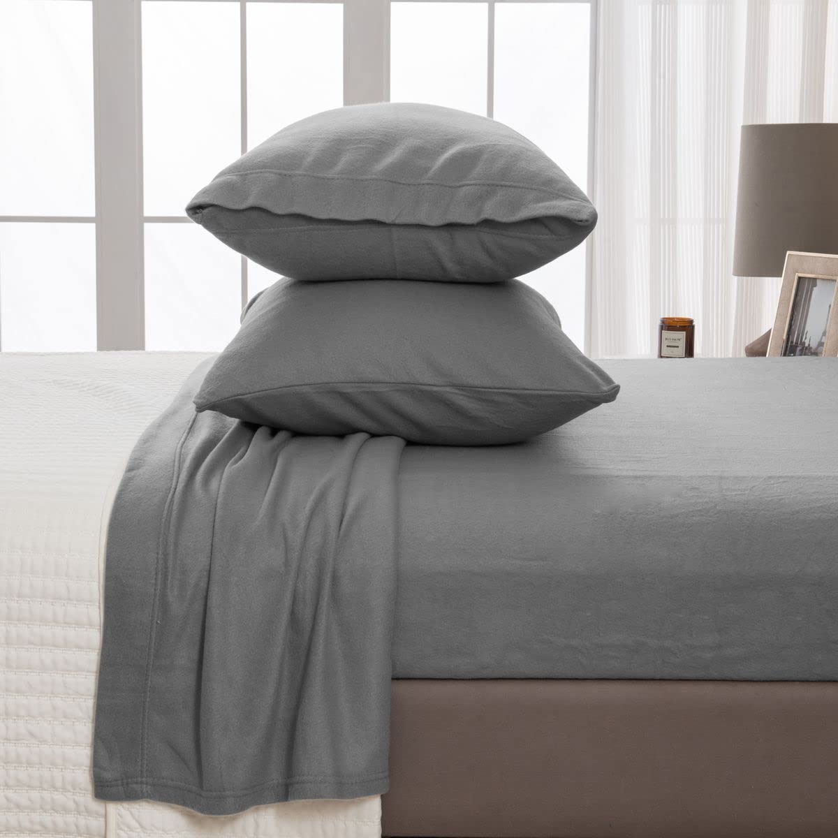 Great Bay Home Super Soft Queen Grey Micro Fleece Sheet Set | Cozy, Warm, Durable, Breathable, And Fluffy Bed Sheets | Microflee