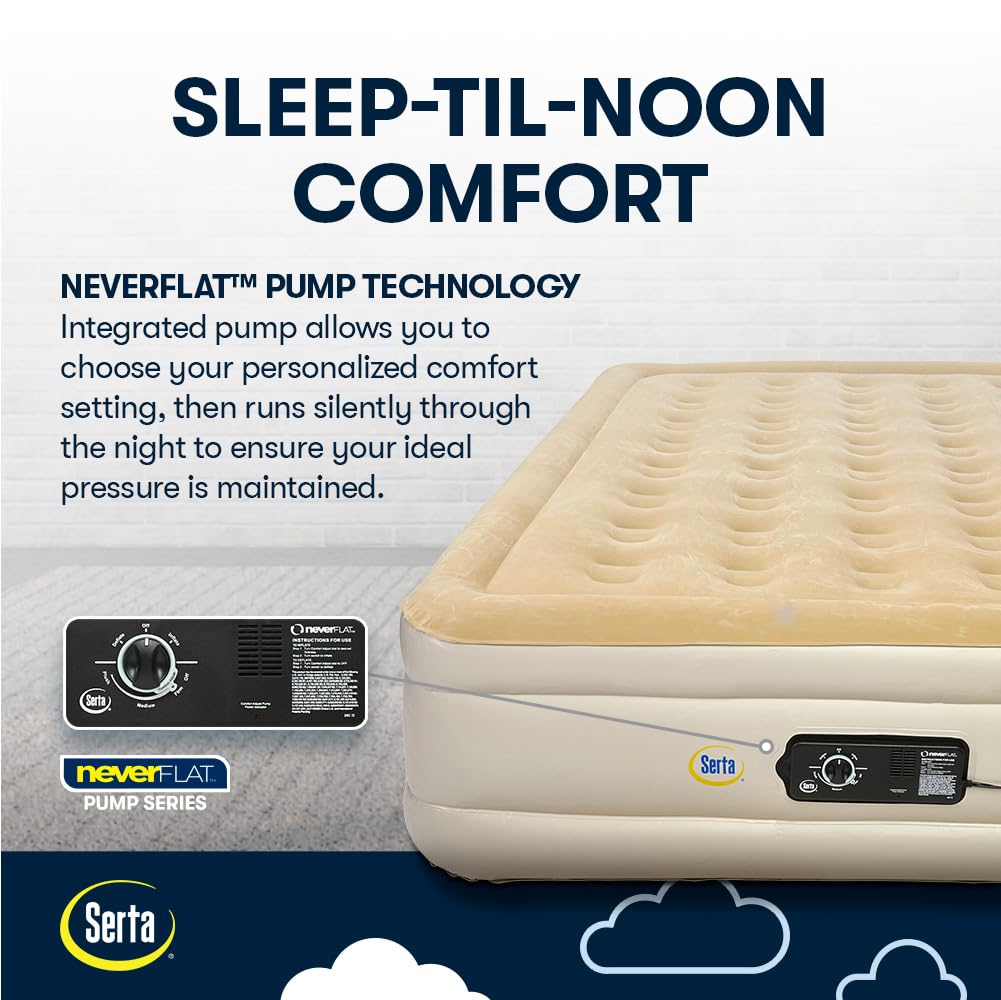 Serta Queen Raised Air Mattress 18" Tan Never Flat Pump Waterproof