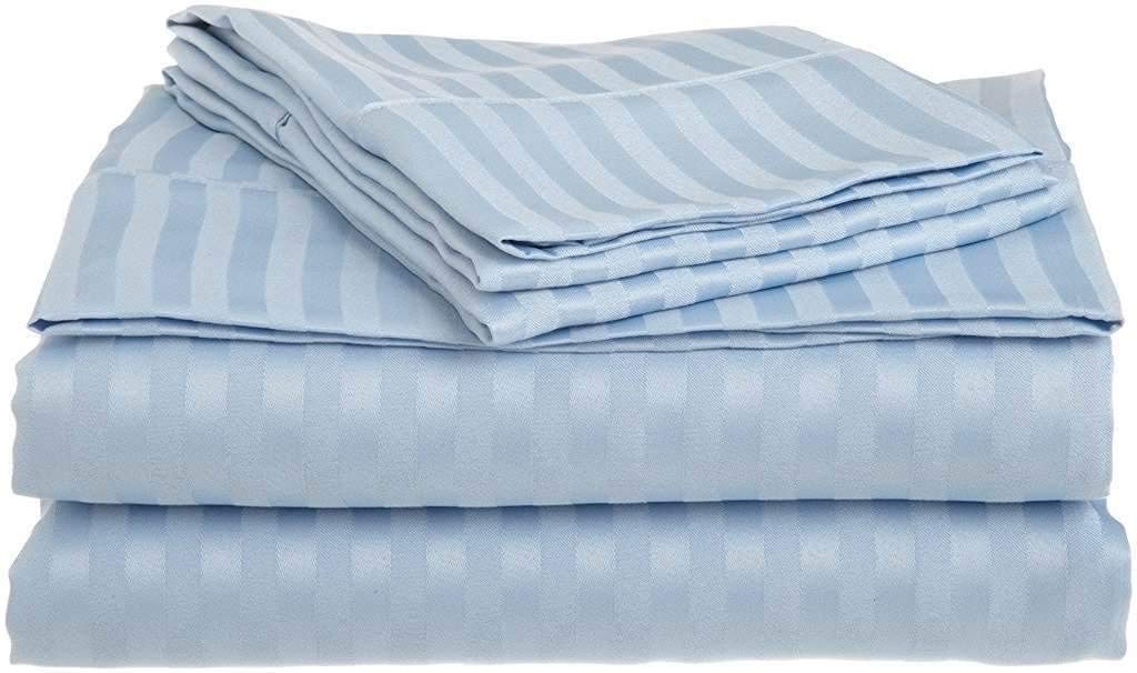 Top Split Head Queen Sheets Sets for Adjustable Beds - Split Head Flex Sheet Set - 39&quot; Split Top Queen Sheets - Light Blue Stripe 100% Cotton Sheets - 400 Thread Count Bed Sheet Set - 4 Pcs Sheet Set