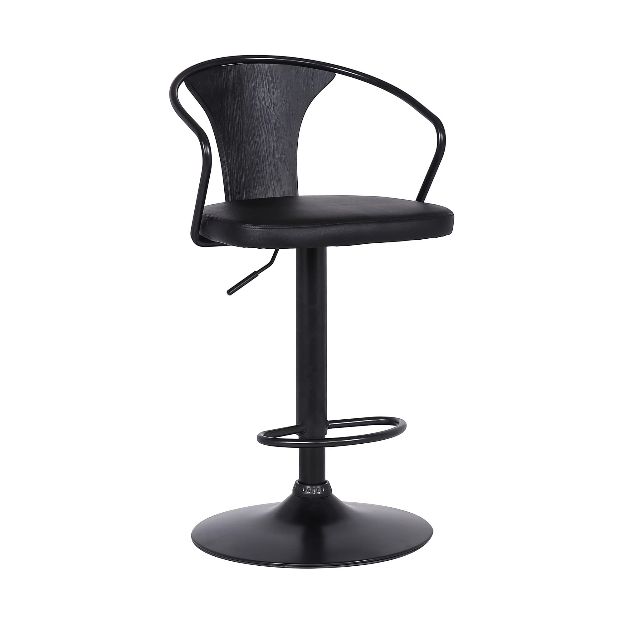 HomeRoots Black Steel,Faux Leather,Plywood Black Faux Leather & Metal Base Adjustable Bar Stool