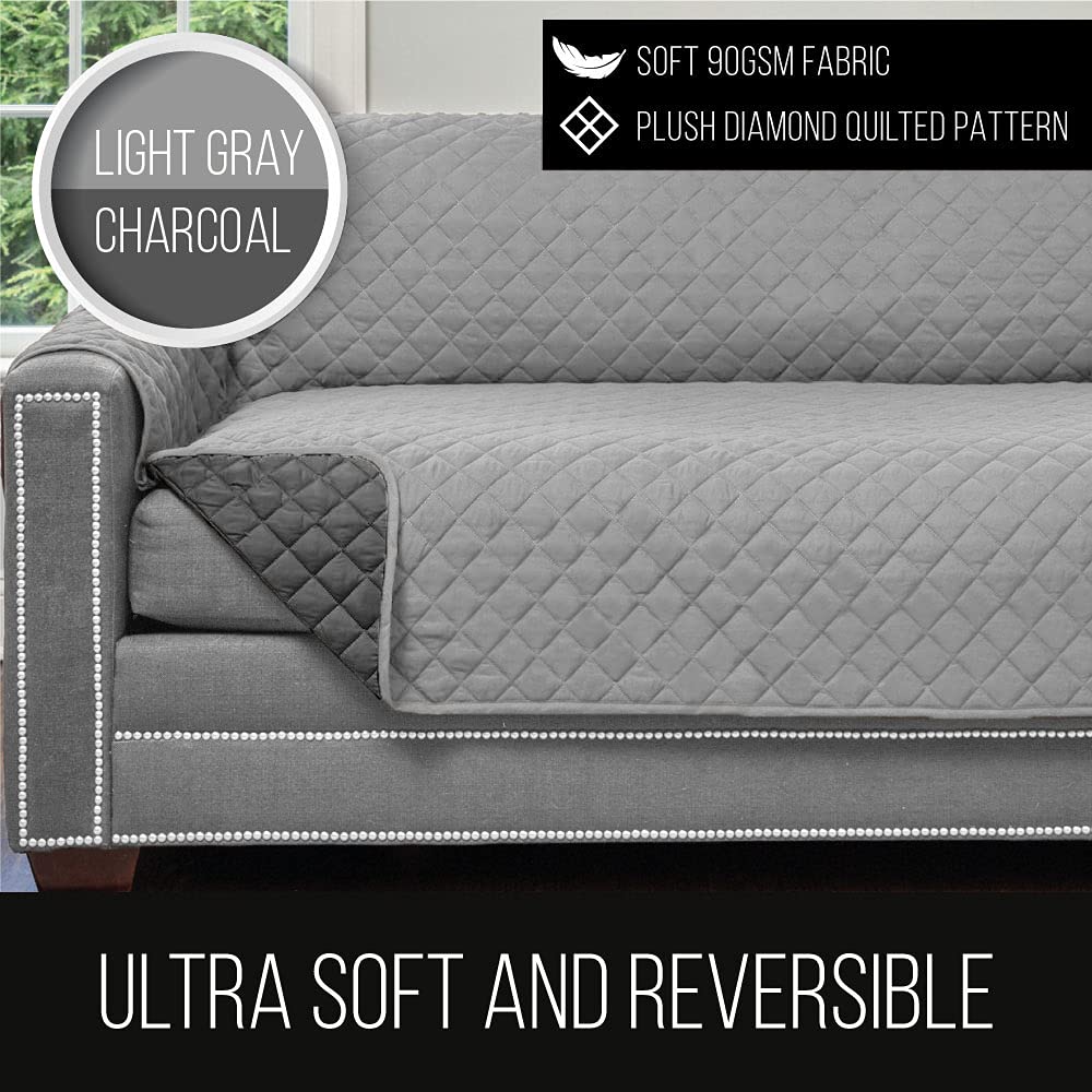 Sofa Shield Patented Recliner Slip Cover, Large Cushion Protector, Reversible Stain, Dog Tear Resistant Slipcover, Quilted Microfiber 28” Seat, Washable Covers For Dogs Pets Kids, Light Gray Charcoal