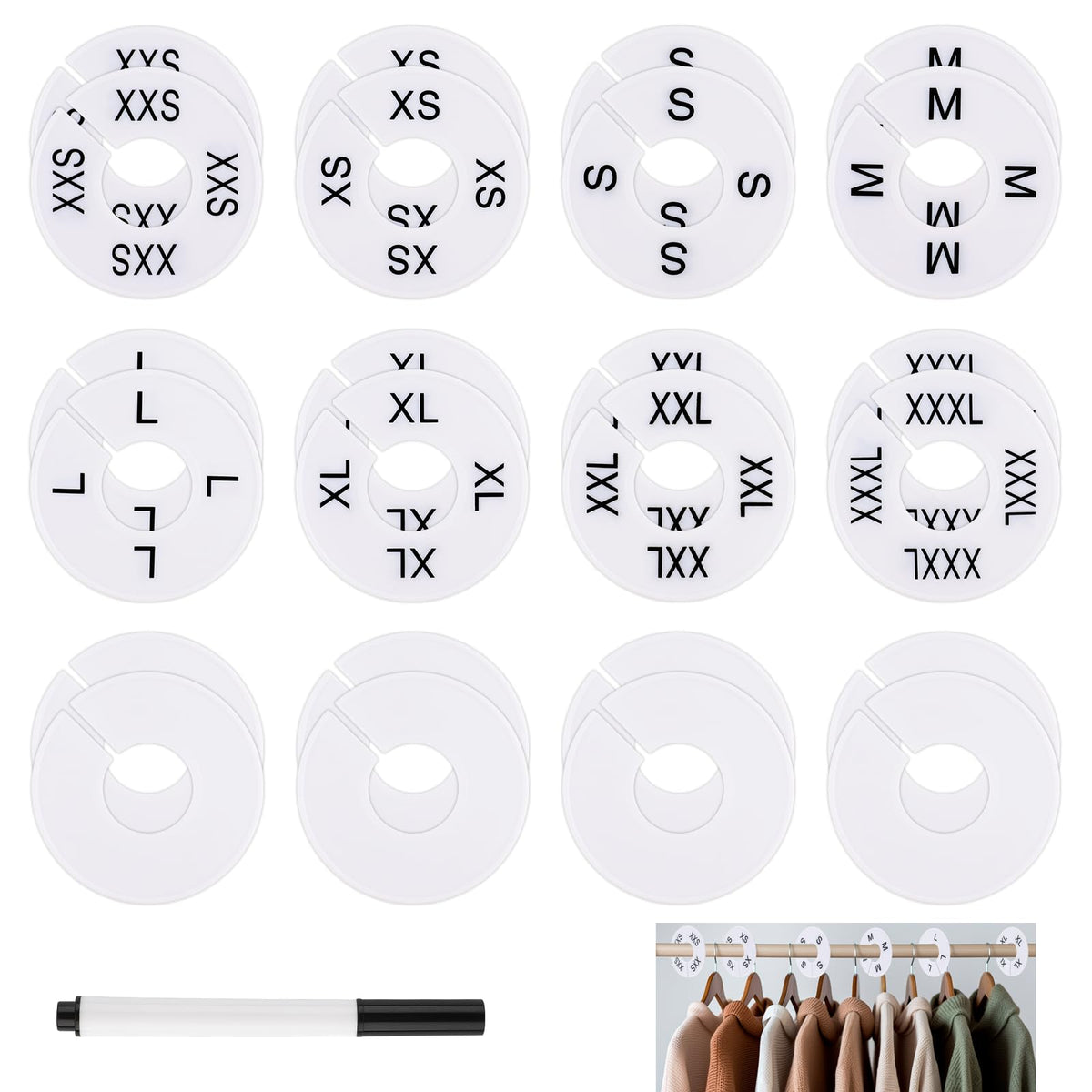 25 PCS Clothing Rack Size Dividers, Round White Plastic Size Markers, PreLabeled (XXSXXXL) & Blank Dividers with Erasable Pen 