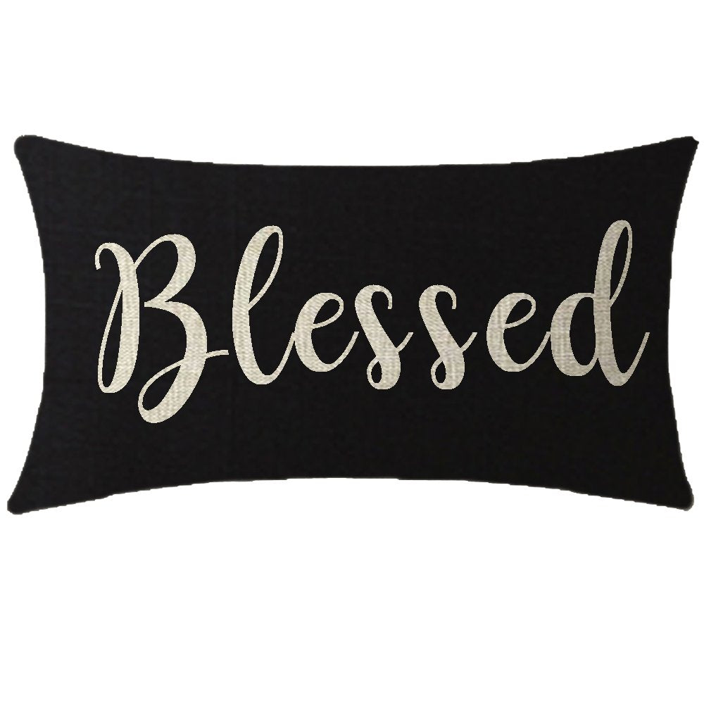 Nice Gift Inspirational Blessed Letters Words Waist Lumbar Black Cotton Linen Throw Pillow Case Cushion Cover For Sofa Home Deco