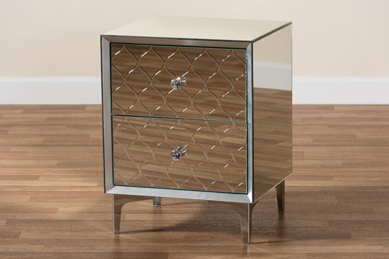 Kacela Silver Metal 2-Drawer End Table with Mirrored Glass