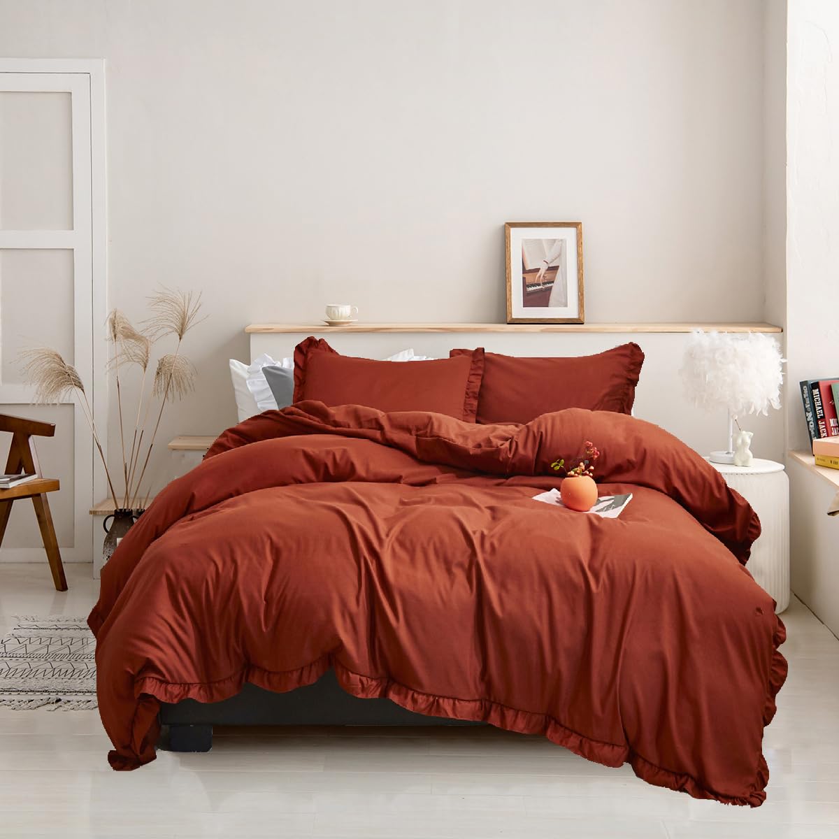Luxlovery Burnt Orange Ruffle Comforter Set Twin Farmhouse Rust Orange Bedding Comforter Set Shabby Caramel Cotton Chic Blanket
