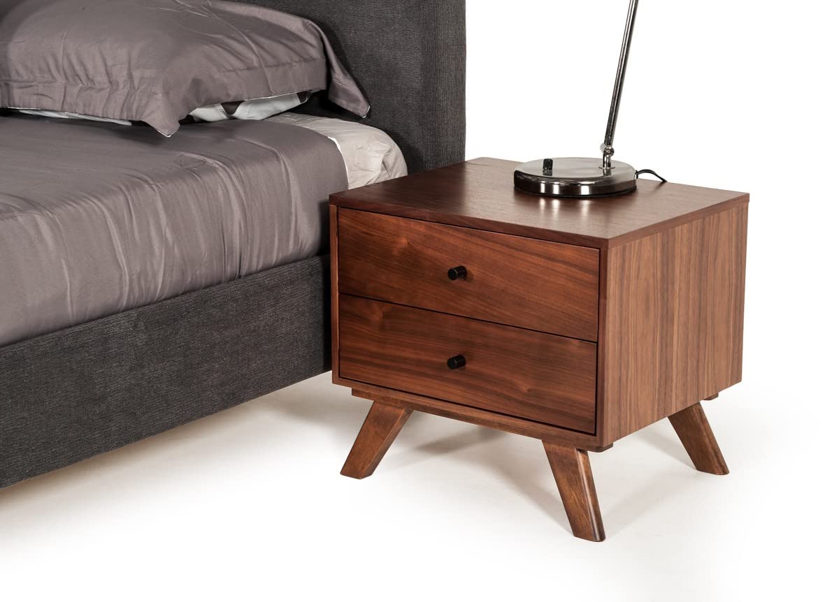 HomeRoots Veneer, Stainless Steel, Solid Wood Mid Century Classic Box Shaped Walnut Nightstand with Two Drawers