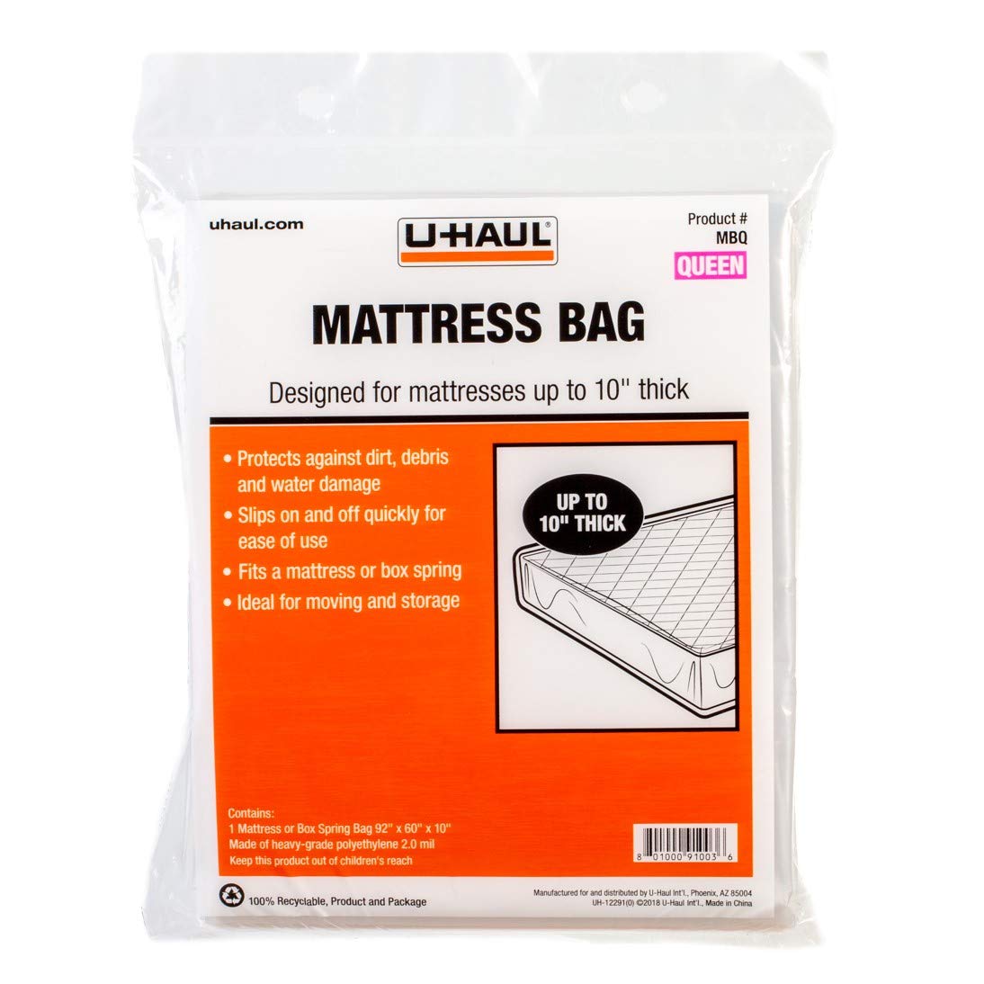 U-Haul Standard Queen Mattress Bag - Moving & Storage Cover For Mattress Or Box Spring - 92' X 60' X 10'