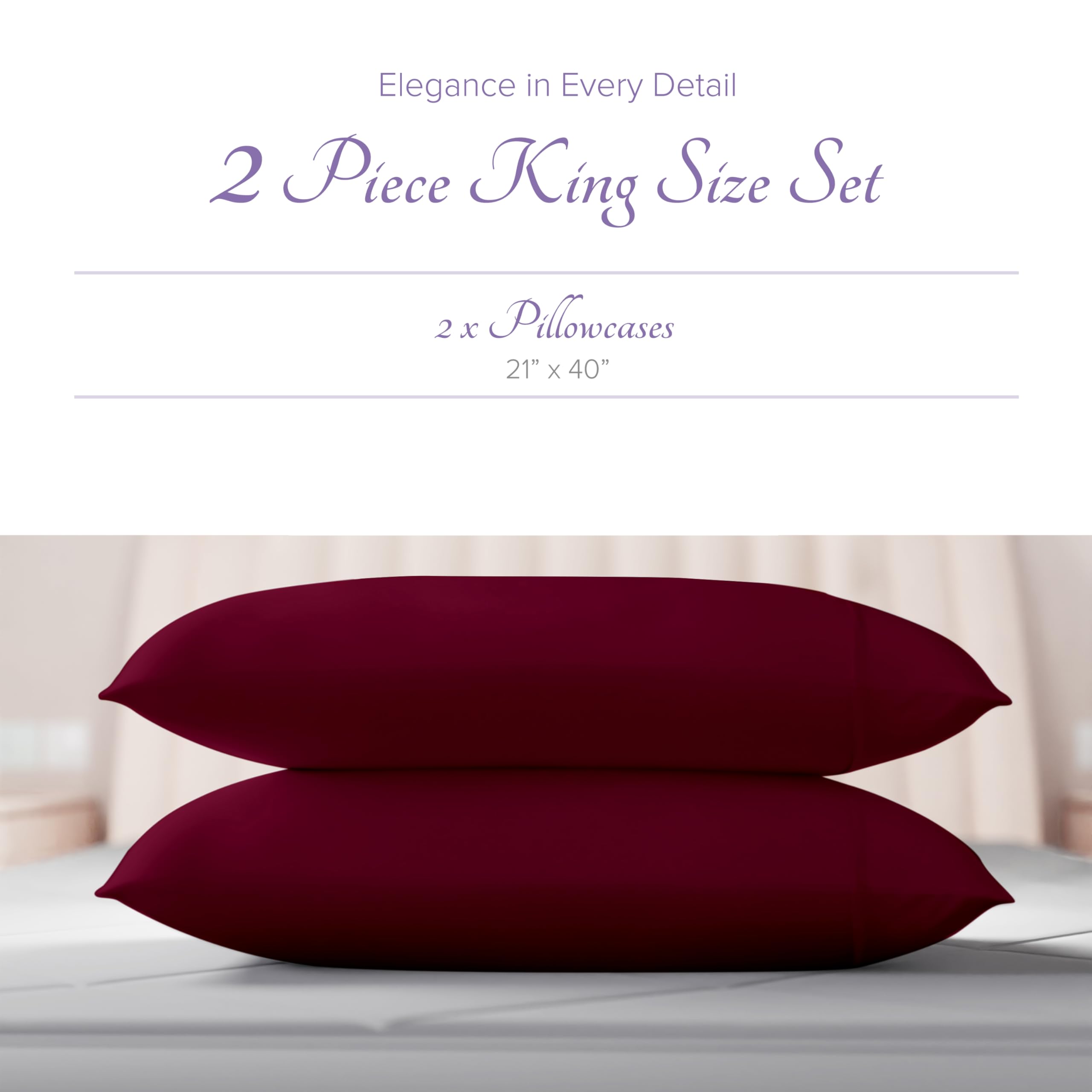 Carressa Linen 100% Egyptian Cotton Pillow Cases Set Of 2-600 Thread Count Burgundy King Pillowcase For Sleeping, Soft, Silky Sa