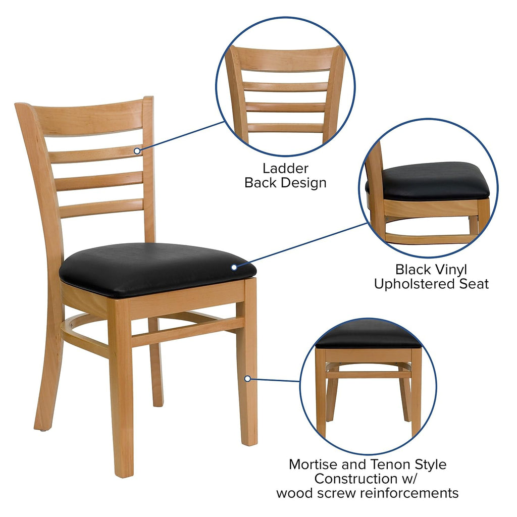 Flash Furniture HERCULES Series Ladder Back Natural Wood Restaurant Chair - Black Vinyl Seat