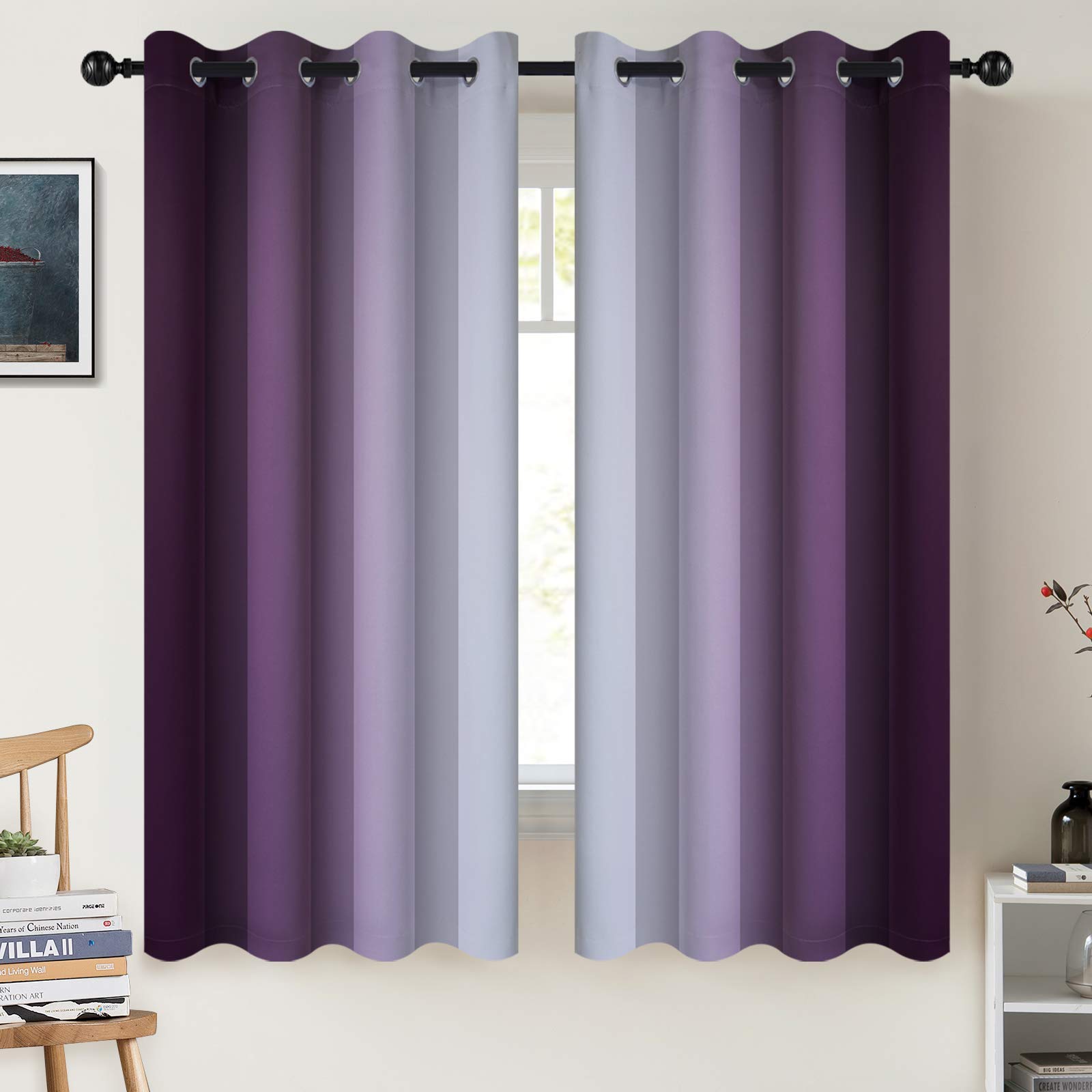 Cosviya Grommet Ombre Room Darkening Curtains 63 Inch Length, Purple And Greyish White Gradient Drapes Light Blocking Insulated