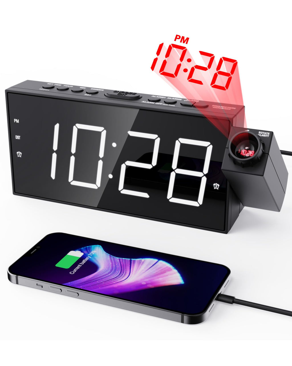 Projection Alarm Clock on Ceiling,Digital Clock for Bedroom with Battery Backup,7   Large Display,USB Charger,Dimmer,180 Rotatab