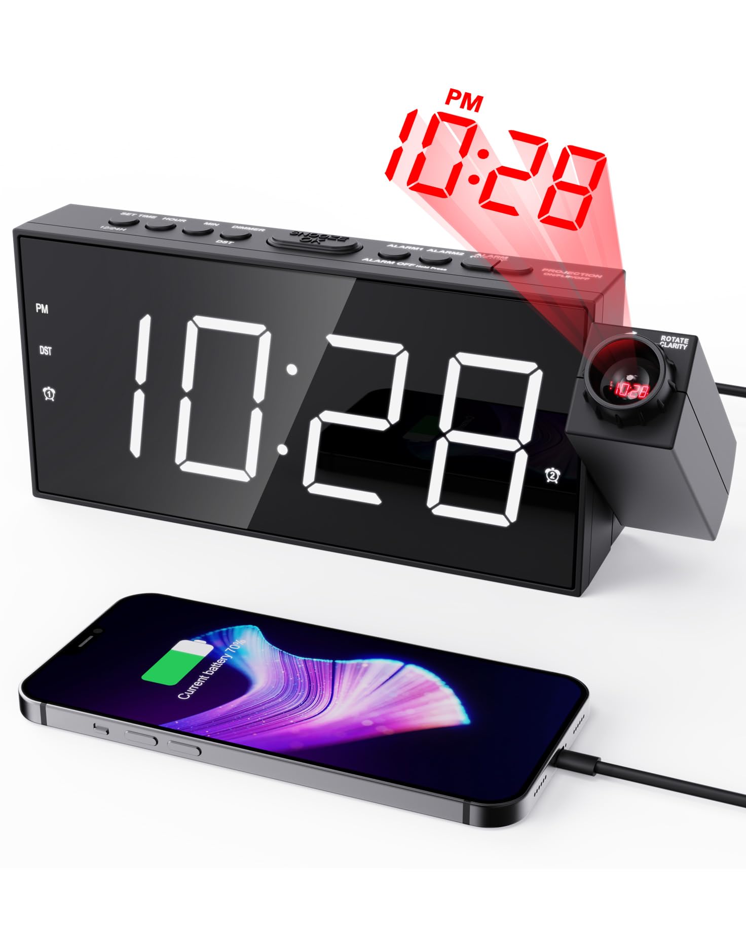 Projection Alarm Clock on Ceiling,Digital Clock for Bedroom with Battery Backup,7   Large Display,USB Charger,Dimmer,180 Rotatab