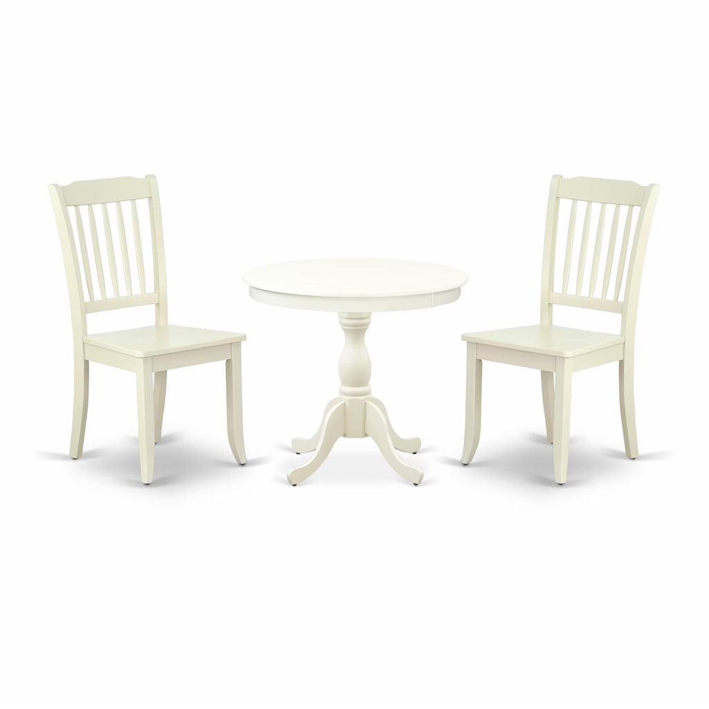 East West Furniture AMDA3-LWH-W 3 Piece Dinette Set for Small Spaces Contains a Round Kitchen Table with Pedestal and 2 Dining Chairs, 36x36 Inch, Linen White