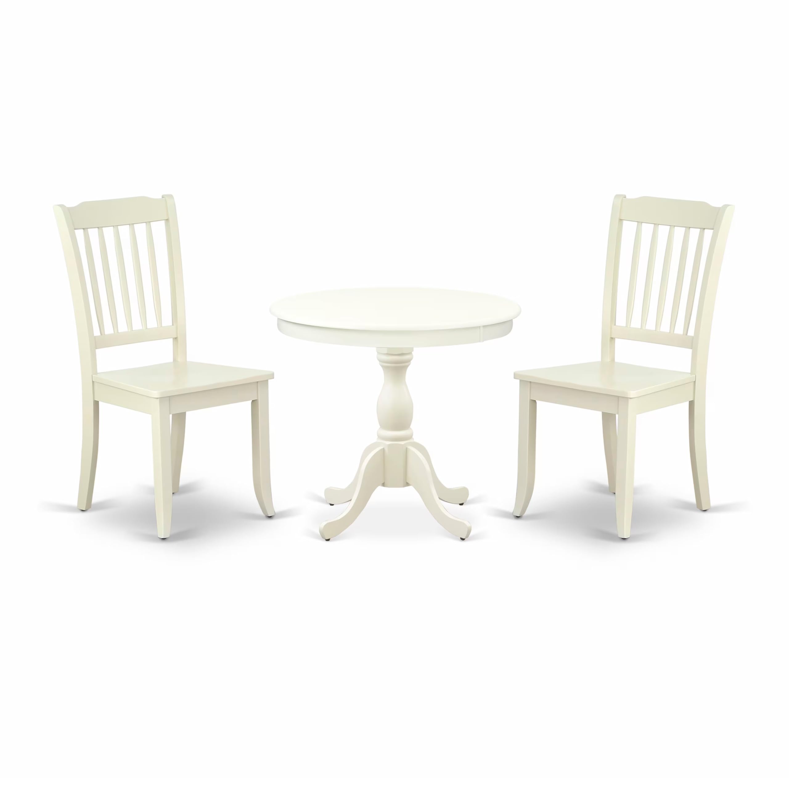 East West Furniture AMDA3-LWH-W 3 Piece Dinette Set for Small Spaces Contains a Round Kitchen Table with Pedestal and 2 Dining Chairs, 36x36 Inch, Linen White