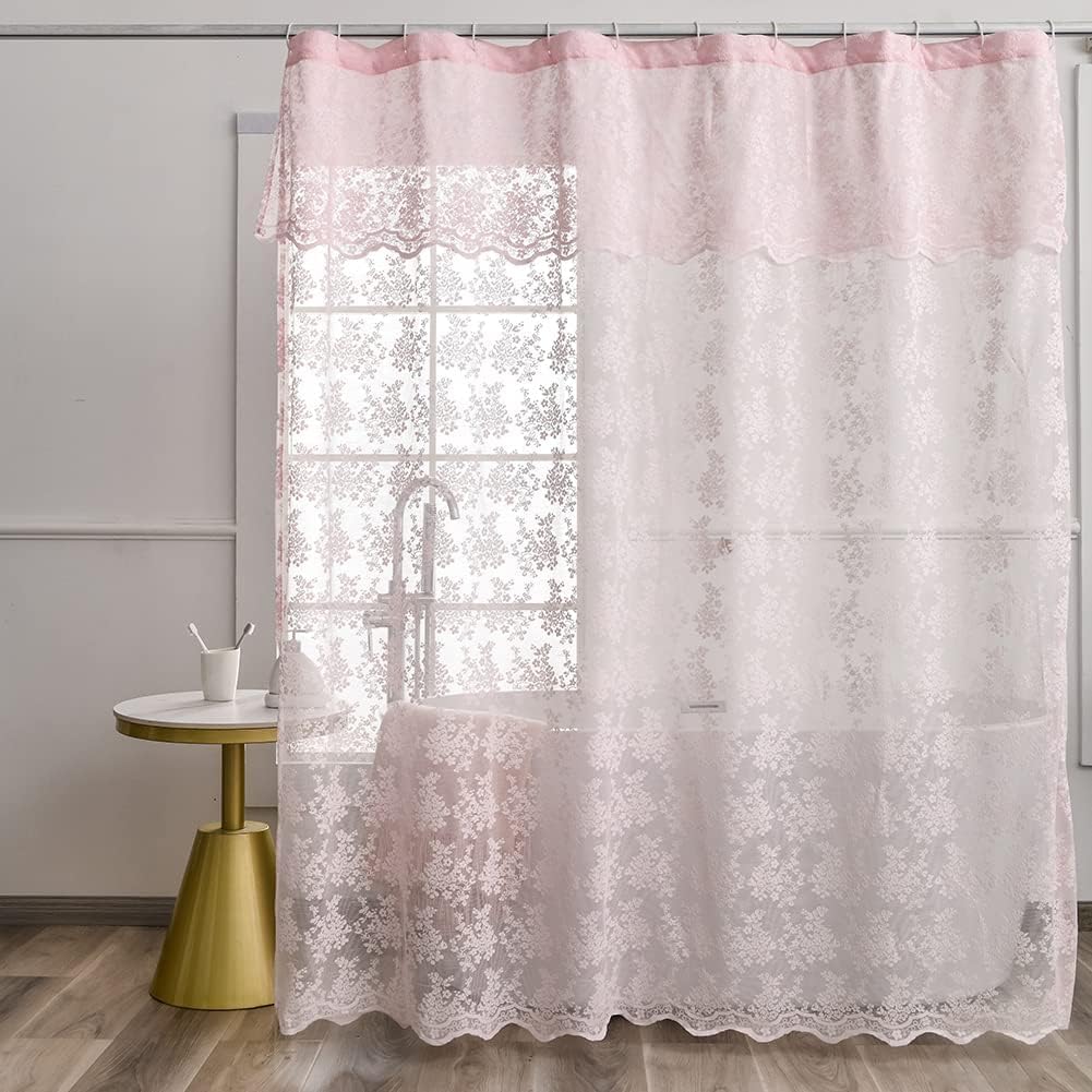 Pink Half Shower Curtain With Attached Valance 36 X 72 Inches Cute Floret Girly Shower Curtain Pretty Stall Size Lace Shower Cur