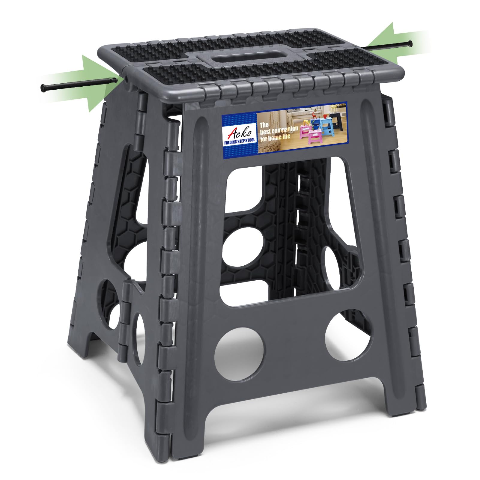 Acko Folding Step Stool Foldable 16 Inch Stools For Adults And Kids,Plastic Stools Tall 400 Lbs Capacity,Collapsible Stool For Kitchen, Stepping Foot Stool With Handle,Dot Grey,1 Pc