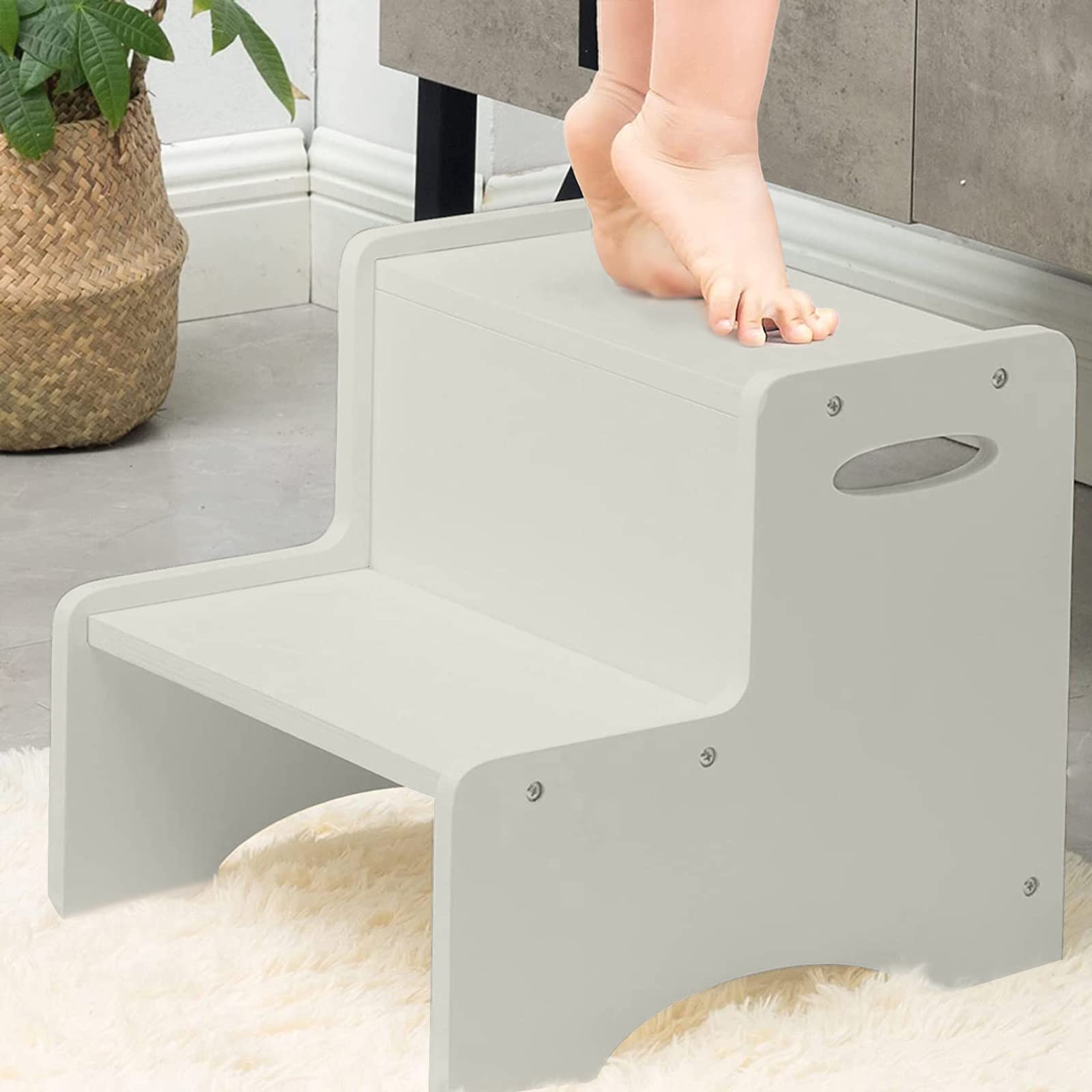 WOOD CITY Wooden Toddler Step Stool for Kids, Grey Two Step Children's Stool with Handles, Bonus Non-Slip Pads for Safety, Bathr