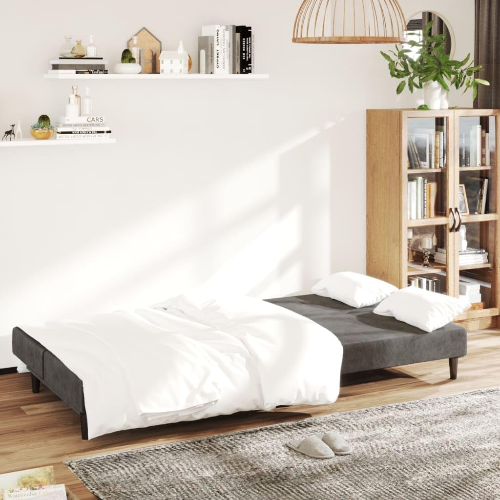 vidaXL Dark Gray Velvet 2-Seater Sofa Bed - Convertible Loveseat Couch for Living Room, Dormitory, Office, Twin Size Bed, Wooden Frame