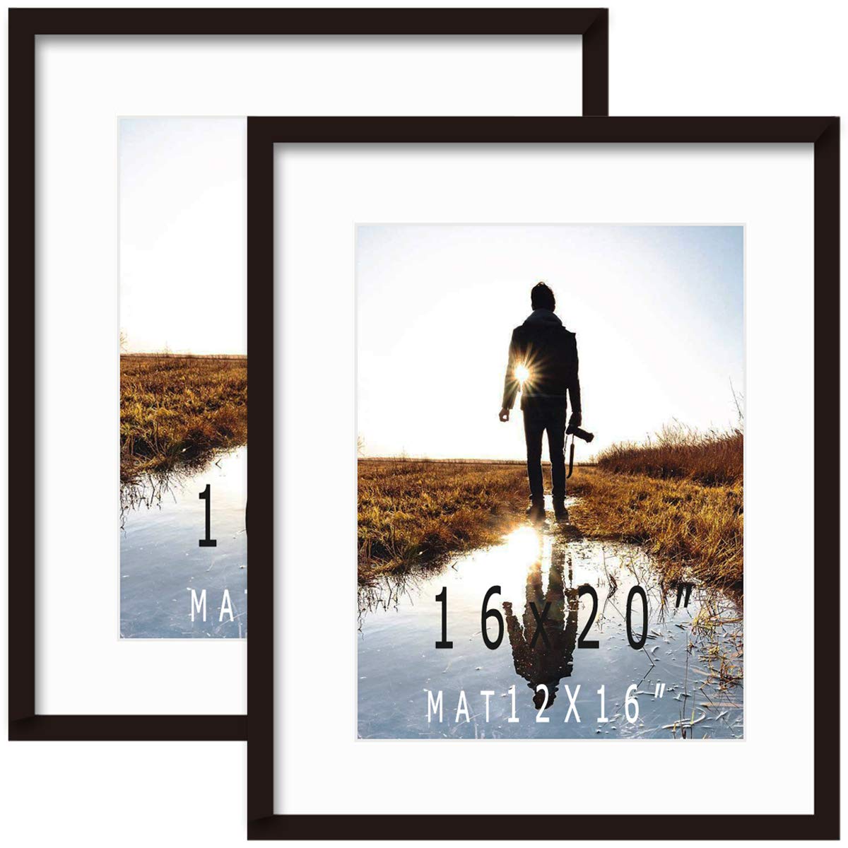 KAOIKO 16x20inch Picture Frame Solid Wood (2 Pack) Display Pictures 12x16 with Mat or 16x20 Wall Mounting Photo Frame Black(2 pc
