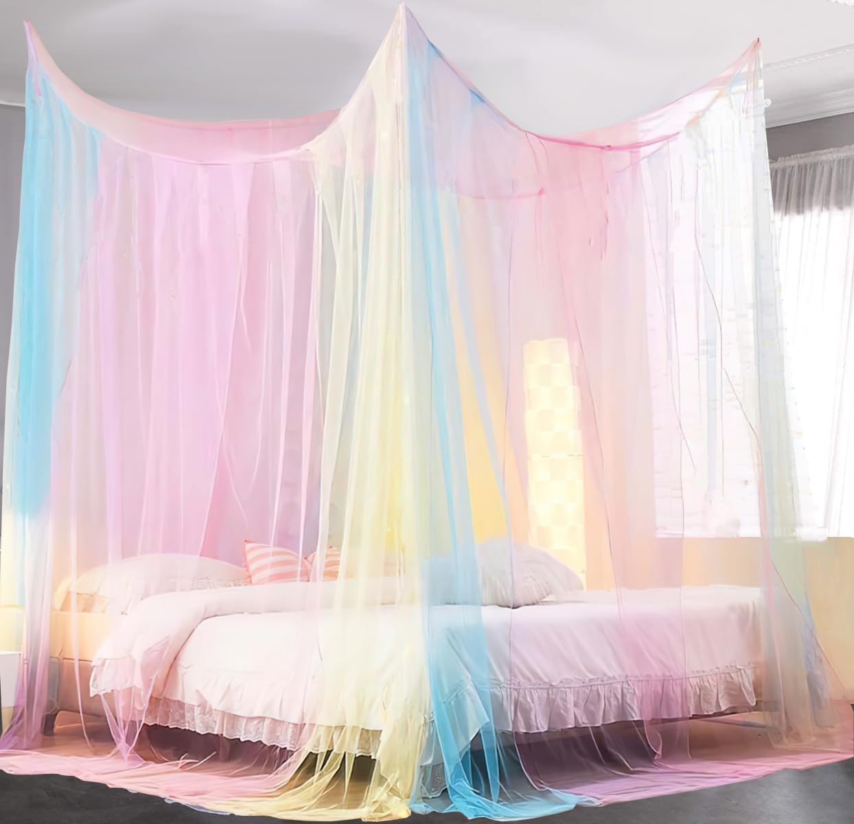 Curtains Bed Canopy Rainbow Mosquito Net For Bed Canopy Four Corner Post Elegant Mosquito Net Set, Stick Hook &Profession Rope F