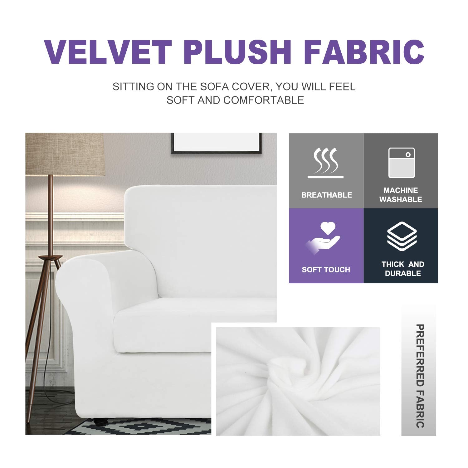 Znsayotx Luxury Velvet Couch Cover 3 Piece Stretch Sofa Covers For 2 Cushion Couch Soft Loveseat Slipcover Living Room Anti Slip Dogs Pet Love Seat Furniture Protector (White), 55'-69'(2 Cushions)