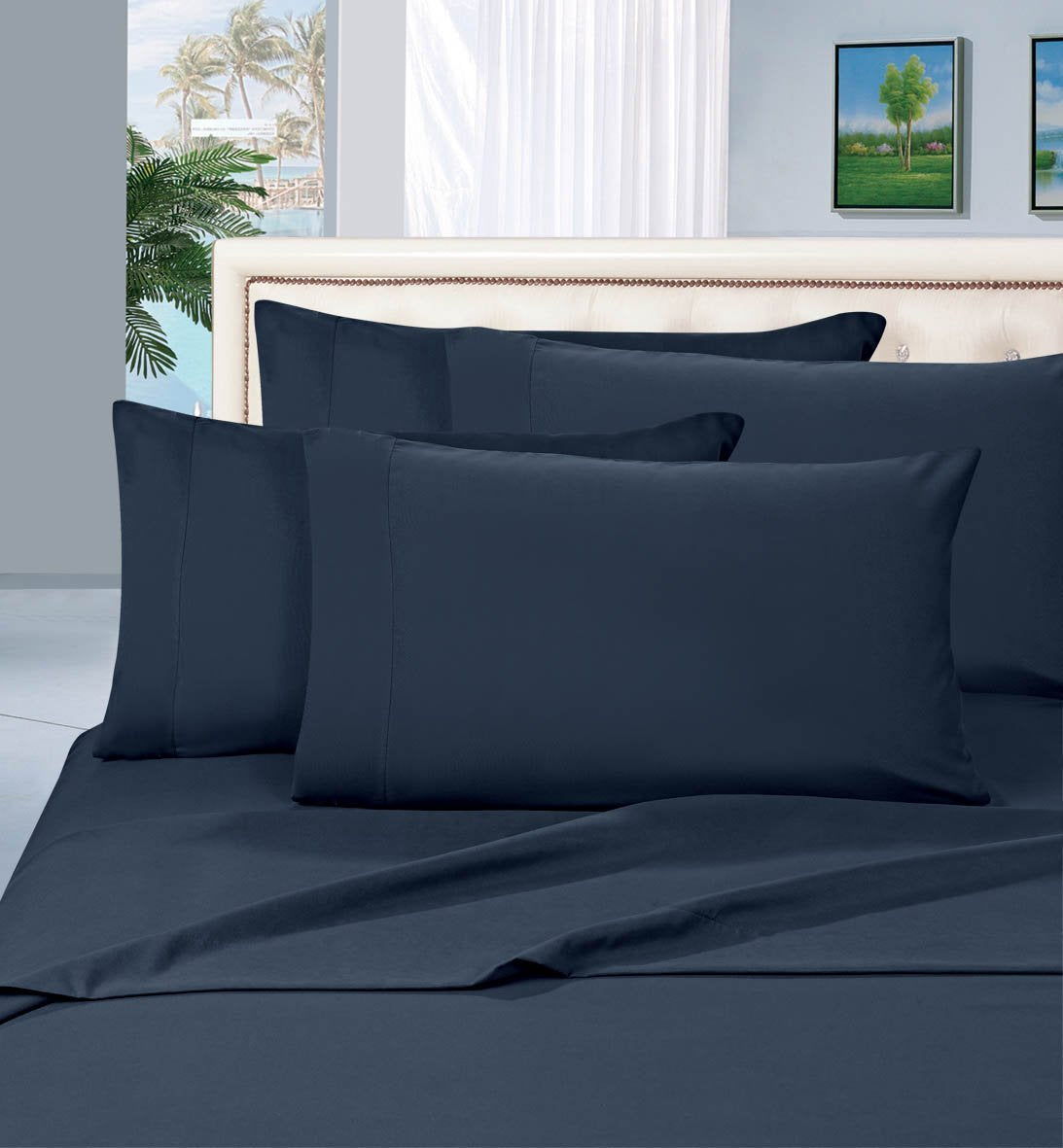 Celine Linen Wrinkle And Fade Resistant 1800 Premier Luxurious 4-Piece Bed Sheet Set, Deep Pocket Up To 16 Inch, Queen Navy Blue