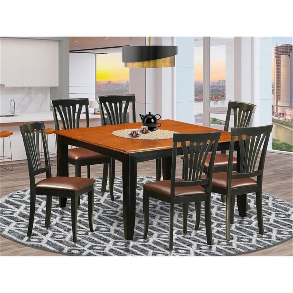 East West Furniture PFAV7-BCH-LC 7 Piece Dinette Set Consist of a Square Dining Room Table with Butterfly Leaf and 6 Faux Leather Upholstered Dining Chairs, 54x54 Inch, Black & Cherry