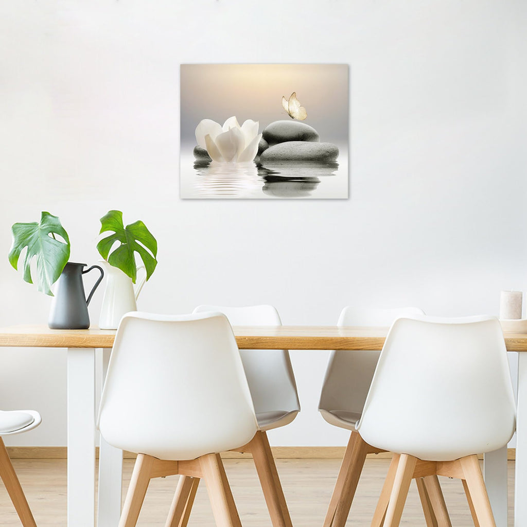 Eobtain Zen Water Lily Canvas Wall Art White Floral And Yellow Butterfly On Stone Bedroom Wall Decor Modern Spiritual Yoga Spa P