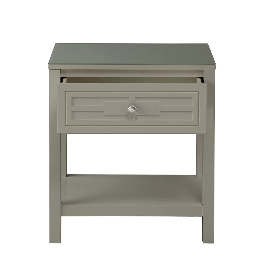Lilola Home Dylan Taupe Wooden End Side Table Nightstand with Glass Top and Drawer